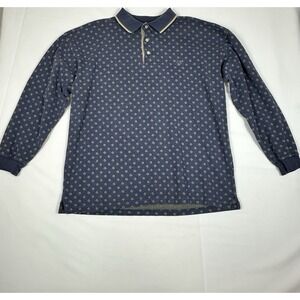 Y2K Duck Head Blue Geometric Diamond Print Long Sleeve Polo Shirt Large Cotton